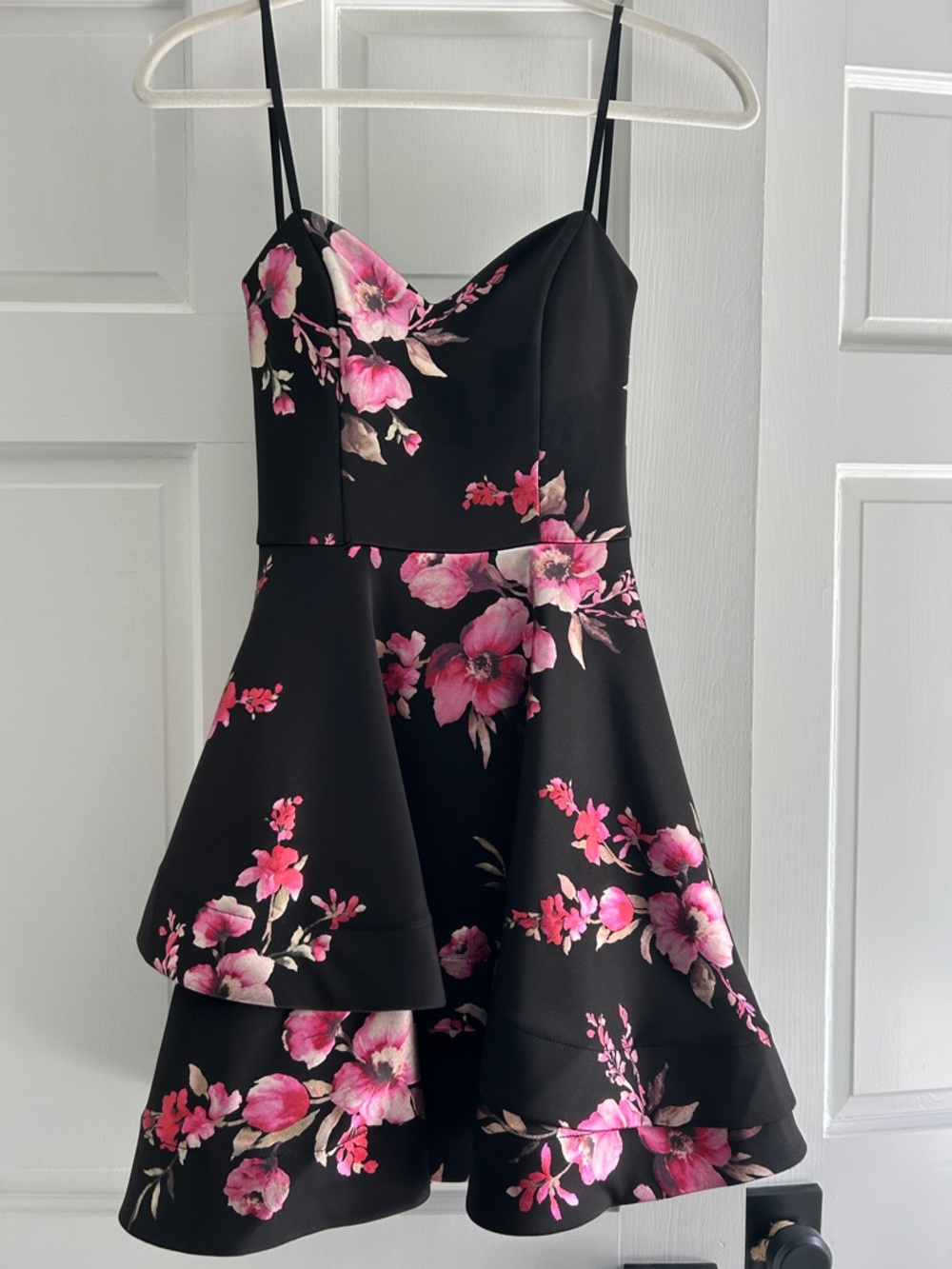 B DARLIN Juniors/Teen Black Floral Fit-and-Flare Dress with Pink Blooms